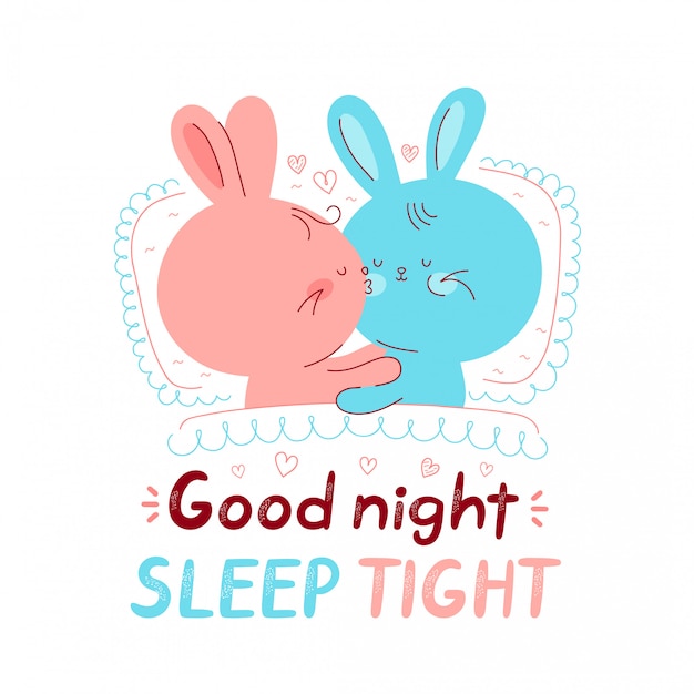 ベッドでかわいい幸せなウサギ 漫画のキャラクターの手描きのイラスト 白い背景で隔離されました おやすみなさい プレミアムベクター