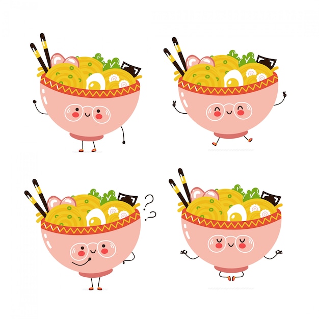 Premium Vector Cute Happy Ramen Bowl Character Set Collection