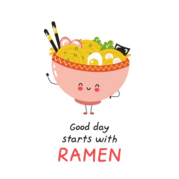 かわいい幸せなラーメンボウル 白で隔離 ベクトル漫画キャラクターイラストデザイン シンプルなフラットスタイル 良い日はラーメンカードから始まります アジア 日本料理のコンセプト プレミアムベクター