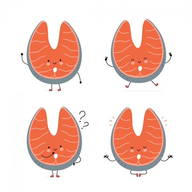 かわいい幸せの赤い魚サーモンキャラクターセットのコレクション 白で隔離 ベクトル漫画キャラクターイラストデザイン シンプルなフラットスタイル 赤魚サーモンウォーク ジャンプ 思考 瞑想の概念 プレミアムベクター