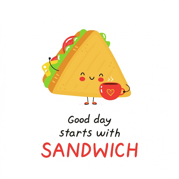 コーヒーカップとかわいい幸せなサンドイッチ 白で隔離 ベクトル漫画キャラクターイラストデザイン シンプルなフラットスタイル 良い日はサンドイッチカードから始まります 朝食食品のコンセプト プレミアムベクター