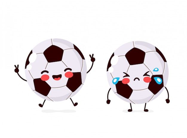 かわいい幸せな笑顔と悲しい叫びサッカーボールのキャラクター フラット漫画イラストアイコン 白で隔離 サッカーボールのキャラクター プレミアムベクター