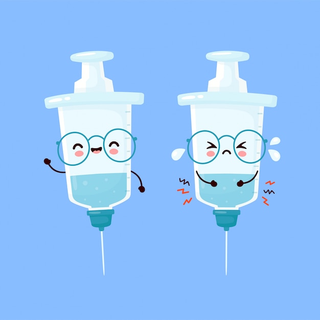 かわいい幸せな笑顔と悲しい泣き注射器 フラット漫画キャライラストアイコンデザイン 注射器 医療ワクチンのコンセプト プレミアムベクター