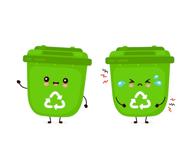プレミアムベクター かわいい幸せな笑顔と悲しい泣くゴミ箱 フラット漫画キャラクターイラストデザイン 白い背景で隔離 ゴミのリサイクル 分別されたゴミ のコンセプト