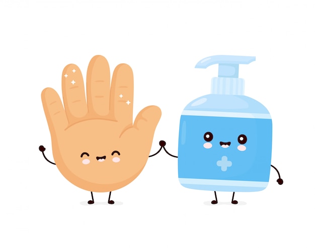 Cute happy smiling antiseptic bottle and hand. Premium Vector