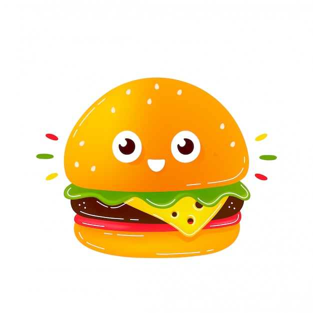 かわいい幸せな笑顔のハンバーガーのキャラクター モダンなトレンディなフラットスタイル漫画イラストアイコン 白で隔離 ハンバーガー ファーストフードのキャラクター プレミアムベクター