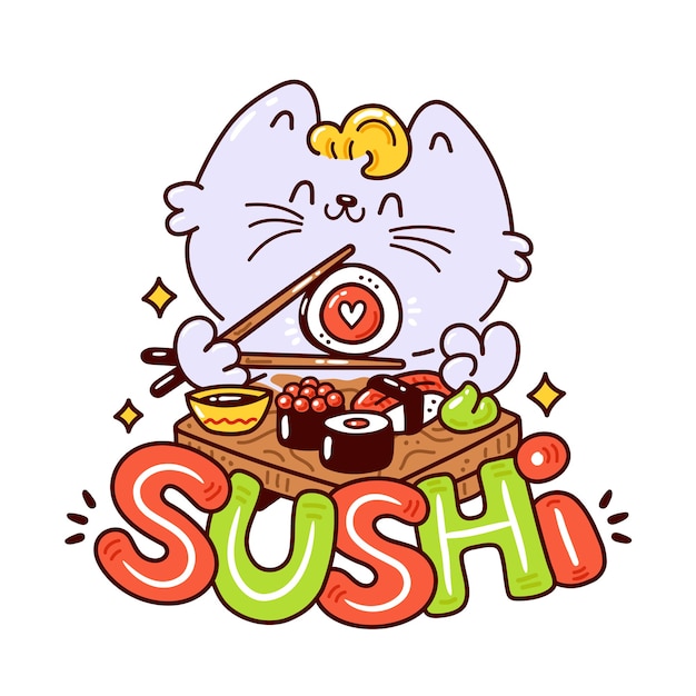 かわいい幸せな笑顔の猫は寿司のロゴを食べます フラット漫画キャラクターイラストアイコンデザイン アジア料理メニューカード 寿司バーのロゴのコンセプト 白い背景で隔離 プレミアムベクター