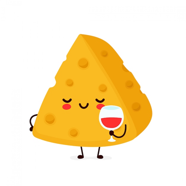 ワインのグラスとかわいい幸せな笑みを浮かべてチーズ フラット漫画キャラクターイラストデザイン 白い背景で隔離 チーズとワインのコンセプト プレミアムベクター