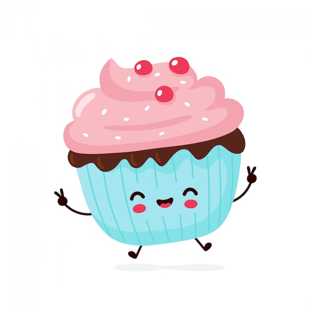 かわいい幸せな笑顔のカップケーキ 漫画のキャラクター プレミアムベクター