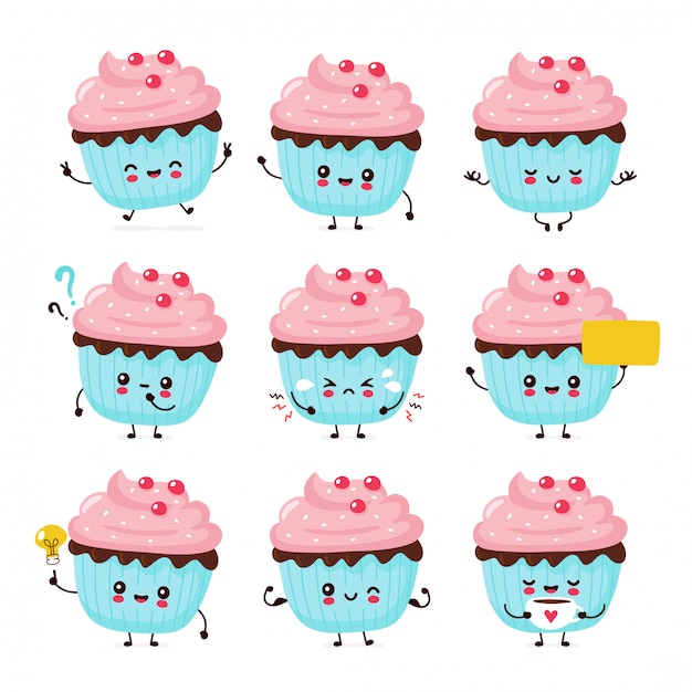 かわいい幸せな笑顔のカップケーキセットのコレクション フラット漫画キャライラスト 白い背景で隔離 カップケーキ ケーキ デザートメニューバンドルコンセプト プレミアムベクター
