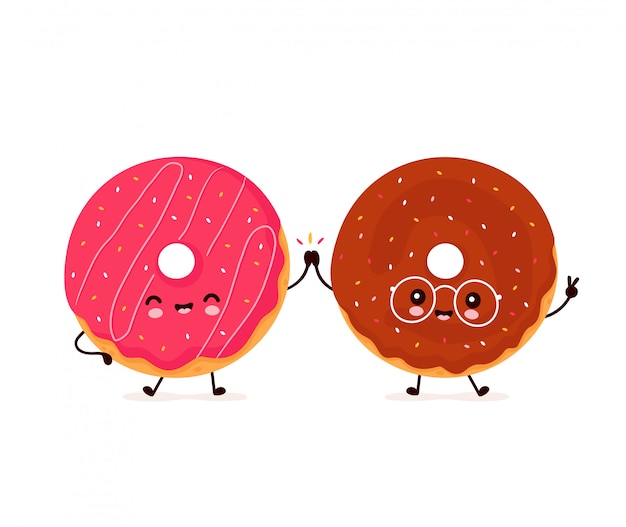 かわいい幸せな笑顔のドーナツカップル フラット漫画キャラクターイラストデザイン 白い背景で隔離 ドーナツ友達 ベーカリーメニューコンセプト プレミアムベクター