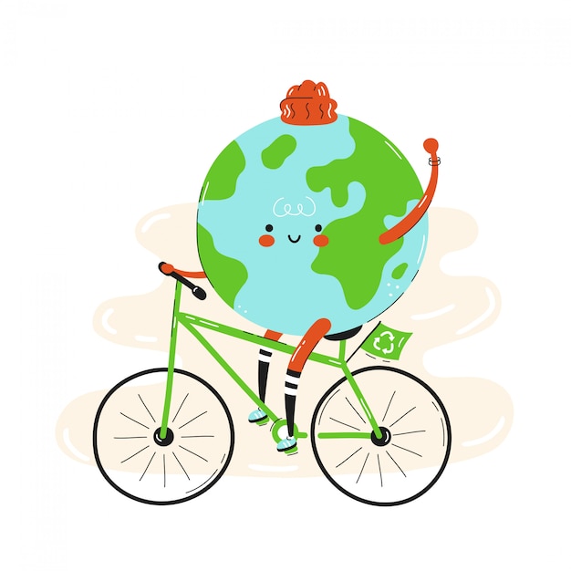 かわいい幸せな笑みを浮かべて地球惑星自転車に乗っています 白で隔離されます ベクトル漫画キャラクターイラストデザイン シンプルなフラットスタイル 自転車キャラクター エコ輸送の概念上の地球 プレミアムベクター