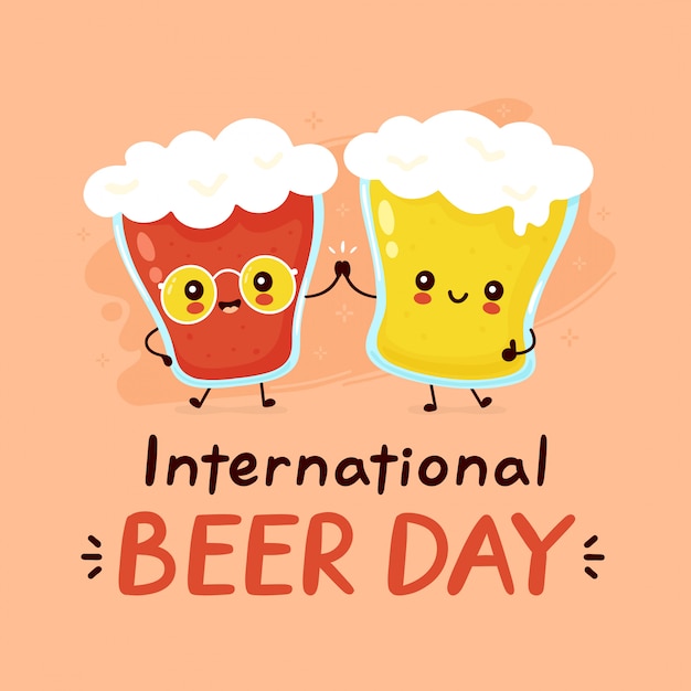 ビールカップルのかわいい幸せな笑みを浮かべてグラス フラット漫画キャラクターイラストアイコンデザイン 国際ビールデーカード プレミアムベクター