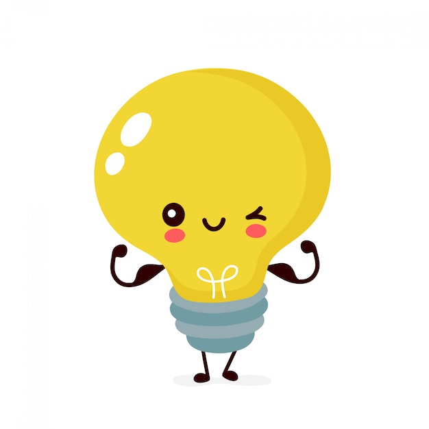 かわいい幸せな笑顔の電球は 上腕二頭筋を示しています フラット漫画イラスト 白い背景で隔離されました 電球キャラクターコンセプト プレミアムベクター