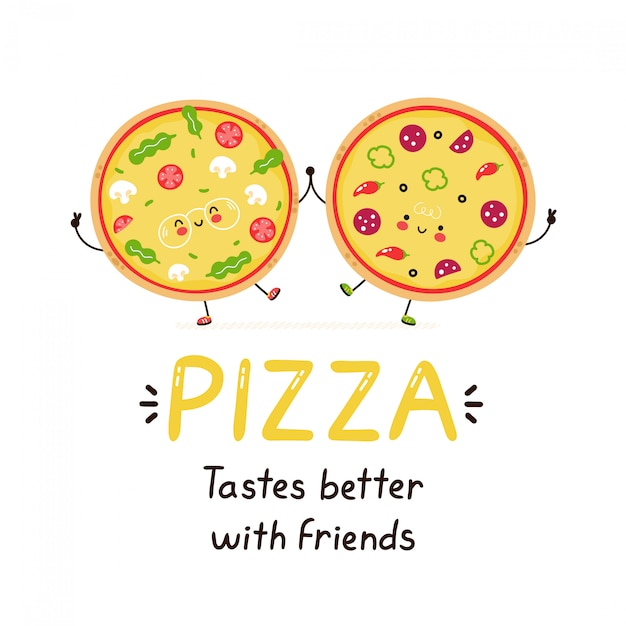 かわいい幸せな笑顔のピザ友達 白で隔離 ベクトル漫画キャラクターイラストデザイン シンプルなフラットスタイル 友人カードでピザの味が良くなります 朝食食品のコンセプト プレミアムベクター