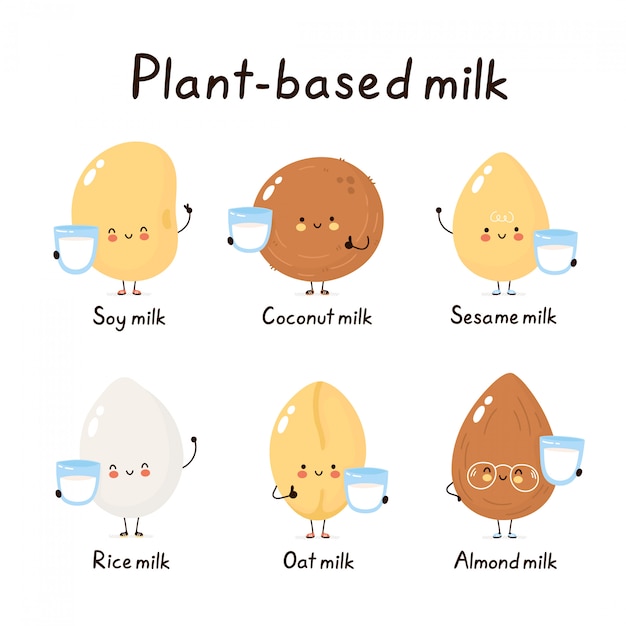 かわいい幸せな笑顔の植物ベースの牛乳キャラクター 白で隔離 ベクトル漫画キャラクターイラストデザイン シンプルなフラットスタイル 植物大豆 オート麦 ココナッツ ゴマ 米 アーモンドミルクの概念 プレミアムベクター