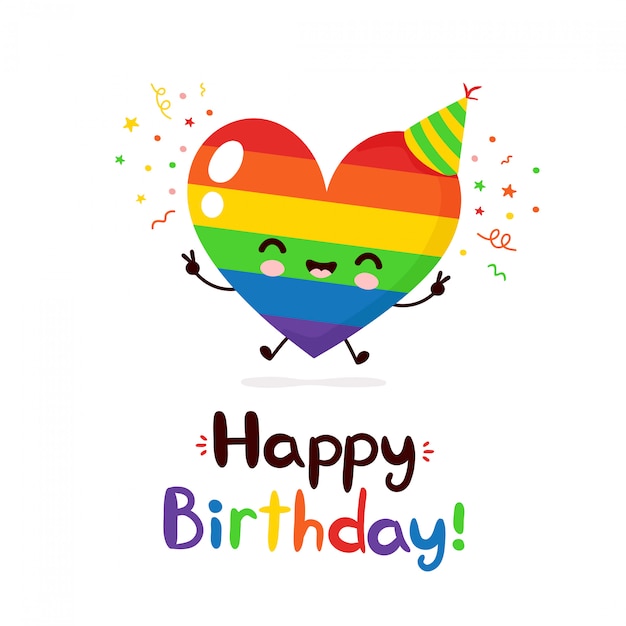 かわいい幸せな笑顔のレインボーハート文字 お誕生日おめでとうcard Flat漫画イラストデザイン 白い背景で隔離されました Lgbtq ゲイの誕生日カードのコンセプト プレミアムベクター
