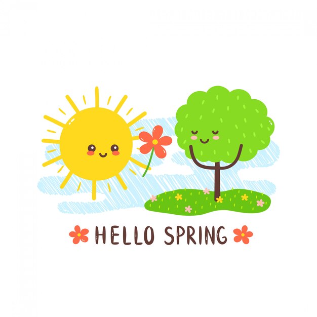 プレミアムベクター かわいい幸せな笑顔の太陽は木に花を与えます 国際森林デーカード 手描きのカワイイスタイルキャラクターイラスト カードdesgin 白で隔離 太陽 愛の森