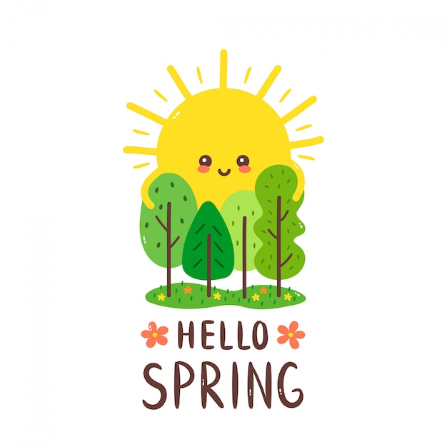 かわいい幸せな笑顔の太陽が木を抱擁します こんにちは春のカード 手描きのスタイルのイラストカードデザイン 白で隔離 春 太陽 森 プレミアムベクター