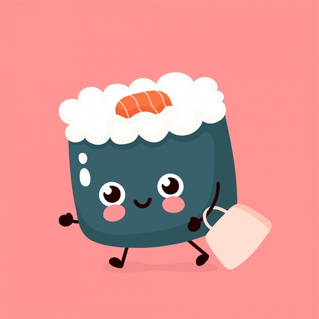 Cute happy smiling sushi,roll run with bag. hand drawing style