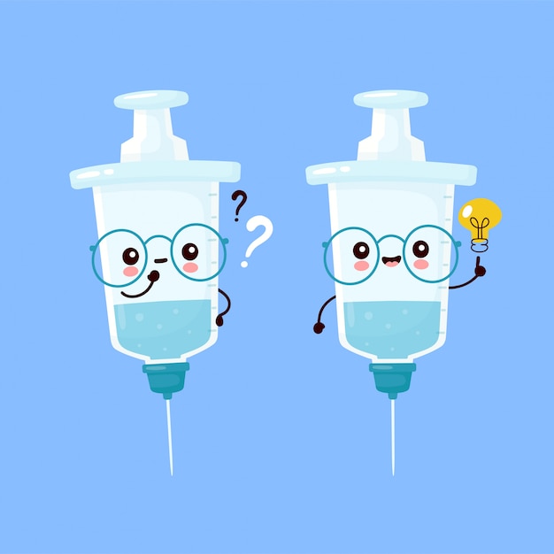 疑問符とアイデア電球でかわいい幸せな笑みを浮かべて注射器 フラット漫画キャライラストアイコンデザイン 注射器 医療ワクチンのコンセプト プレミアムベクター