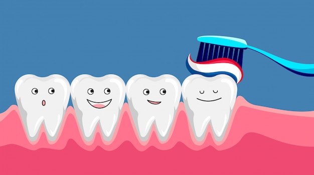 プレミアムベクター 歯ブラシと歯磨き粉でかわいい幸せな笑みを浮かべて歯 きれいな歯を磨きます 歯科子供のケア モダンなフラットスタイル漫画 キャライラスト