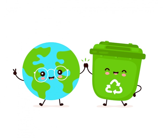 プレミアムベクター かわいい幸せな笑顔のゴミ箱と地球惑星 フラット漫画キャラクターイラストデザイン 白い背景で隔離 ゴミのリサイクル 分別されたゴミ 地球の概念を救う