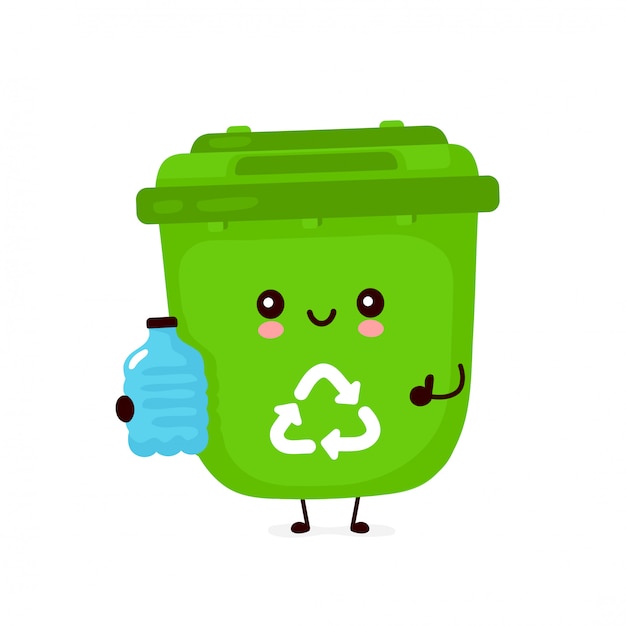 ペットボトルでかわいい幸せな笑顔のゴミ箱 フラット漫画キャラクターイラストデザイン 白い背景で隔離 ゴミのリサイクル 分別されたゴミのコンセプト プレミアムベクター