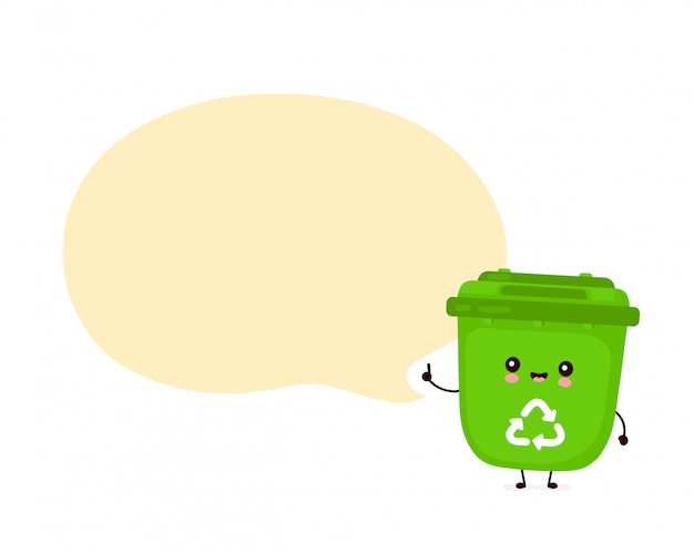 吹き出しとかわいい幸せな笑顔のゴミ箱 フラット漫画キャラクターイラストデザイン 白い背景で隔離 ゴミのリサイクル 分別されたゴミのコンセプト プレミアムベクター