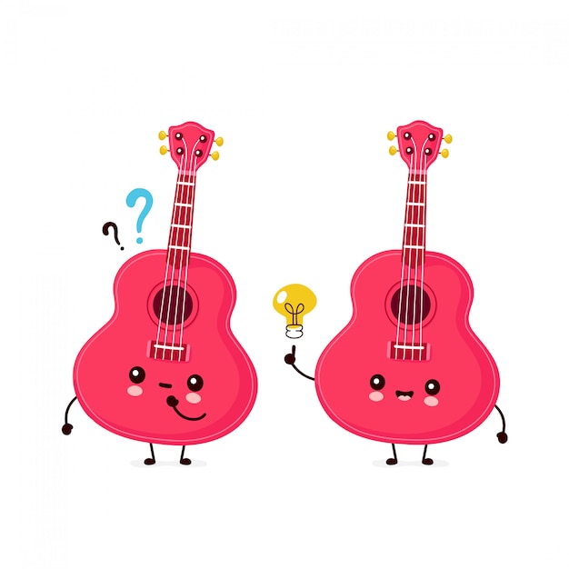 疑問符とアイデアの電球とかわいい幸せな笑顔のウクレレギター フラット漫画キャラクターイラストデザイン 白い背景で隔離 ウクレレギター 音楽マスコットコンセプト プレミアムベクター