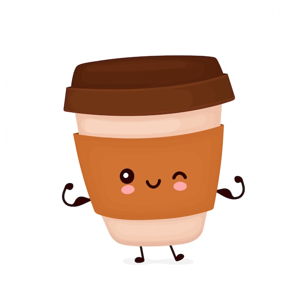 かわいい幸せな強いコーヒー紙コップは筋肉を示しています 漫画のキャラクター プレミアムベクター