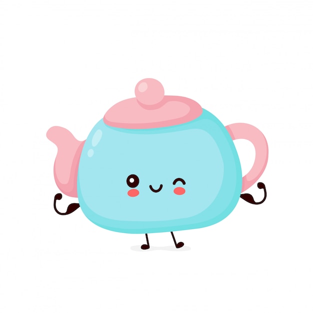 Premium Vector | Cute happy strong smiling teapot show muscle. cartoon