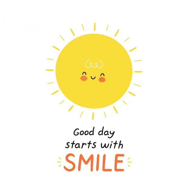 かわいい幸せな太陽のキャラクター 白で隔離 ベクトル漫画キャラクターイラストデザイン シンプルなフラットスタイル 良い日は笑顔のカードから始まります プレミアムベクター