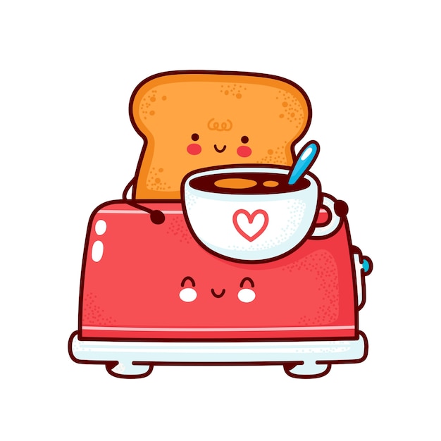 Premium Vector Cute happy toast with coffee mug in toaster. flat line