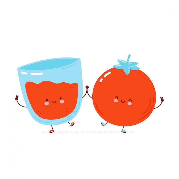かわいい幸せなトマトとジュースのグラス 漫画のキャラクターの手描きスタイルのイラスト プレミアムベクター