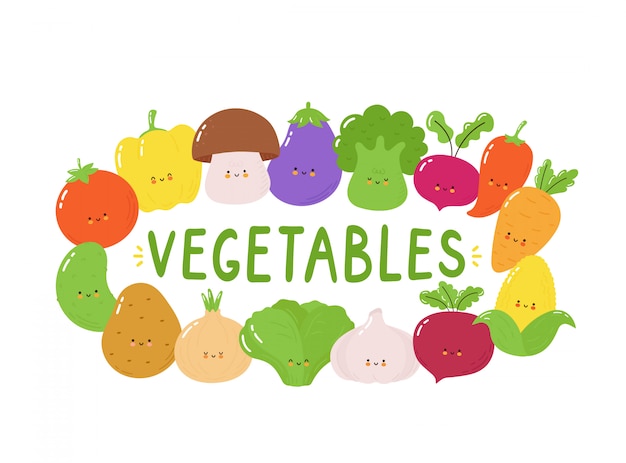 かわいい幸せ野菜キャラクターセット 白で隔離 ベクトル漫画キャラクターイラストデザイン シンプルなフラットスタイル 面白い野菜バナーコンセプト プレミアムベクター