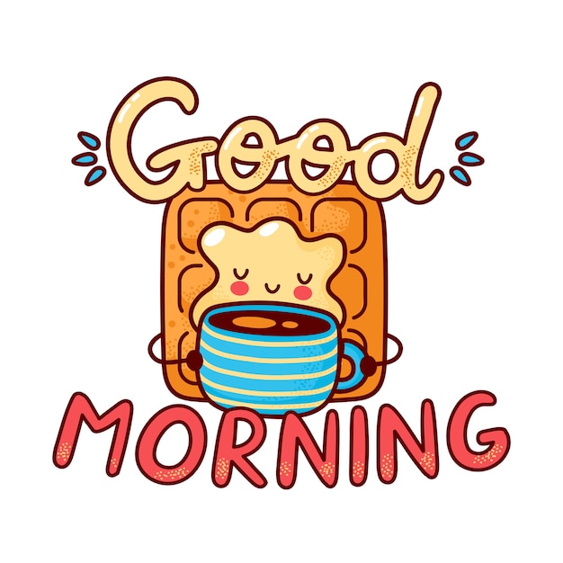 かわいい幸せなワッフルはコーヒーを飲みます フラットライン漫画カワイイキャラクターアイコン 手描きスタイルのイラスト 白い背景で隔離 おはようカード ワッフル コーヒーのポスターのコンセプト プレミアムベクター