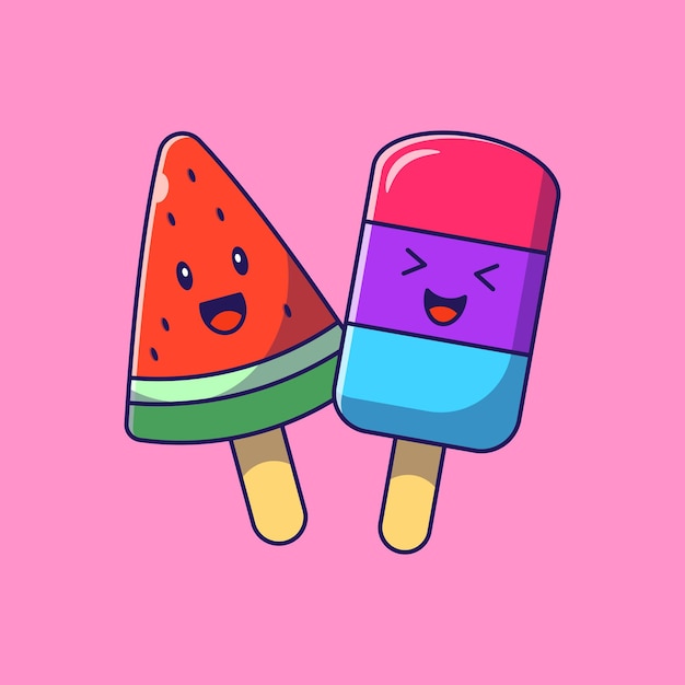 Premium Vector | Cute happy watermelon popsicle on wooden stick flat