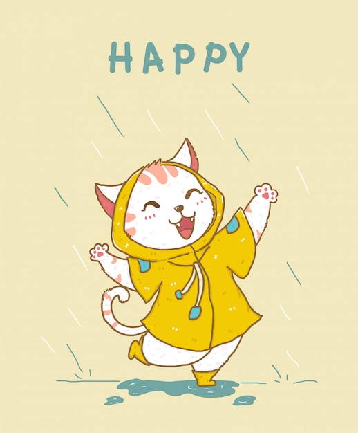 黄色いレインコート 雨の中ジャンプ グリーティングカードのアイデア 子供のもの印刷 子供保育園イラストフラットでかわいい幸せな白猫 プレミアムベクター