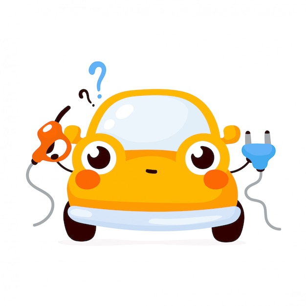 プレミアムベクター ガスと電気を選択するかわいい幸せの黄色い自動車車 フラット漫画キャライラストアイコン 白で隔離されます 自動車のキャラクター