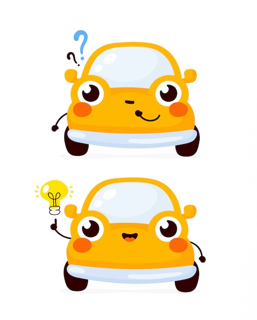 疑問符とアイデア電球のかわいい幸せの黄色い自動車車 フラット漫画キャライラストアイコン 白で隔離されます 自動車のキャラクター プレミアムベクター