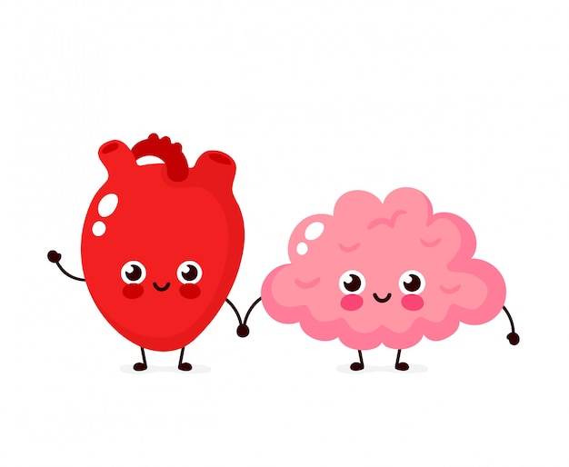 かわいい健康的な幸せな人間の脳と心臓器官のキャラクター フラット漫画イラストアイコン 白で隔離 脳と心の友人のキャラクター プレミアムベクター