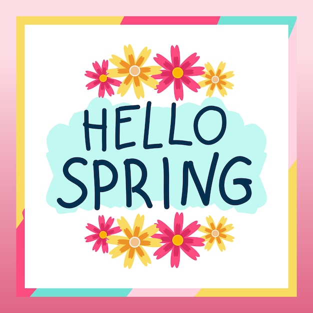 Premium Vector | Cute hello spring greetings with bright color frame ...