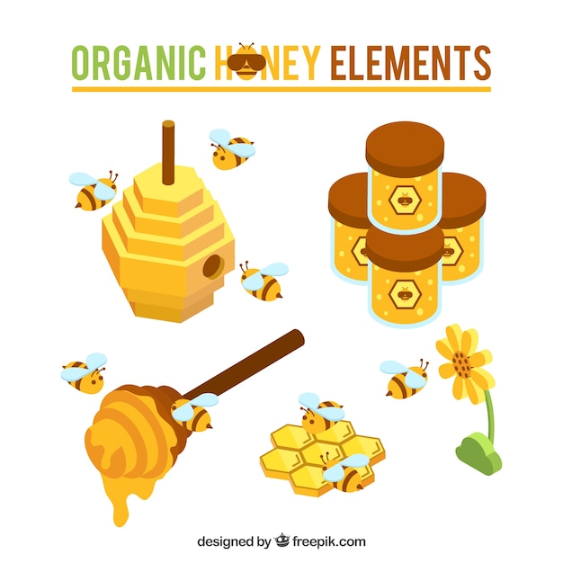 Cute honey objects with bees in isometric style Vector ...
