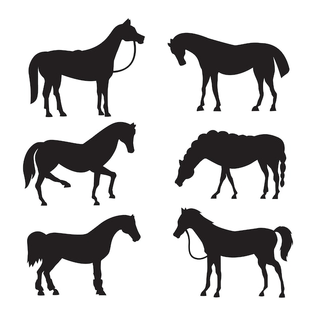 さまざまなポーズのデザインのかわいい馬 立っている動物の馬のコレクション 異なるシルエット プレミアムベクター
