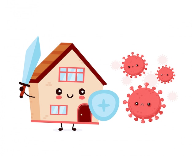 Cute house fight with coronavirus infection. flat style cartoon character illustration Premium Vecto