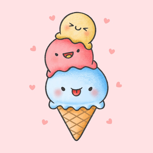 Cute Ice Cream Dessert Cartoon Hand Drawn Style Premium Vector