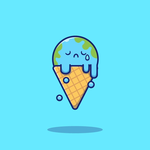 かわいいアイスクリーム地球溶融漫画アイコンイラスト 食品と自然アイコンのコンセプトが分離されました フラット漫画スタイル プレミアムベクター