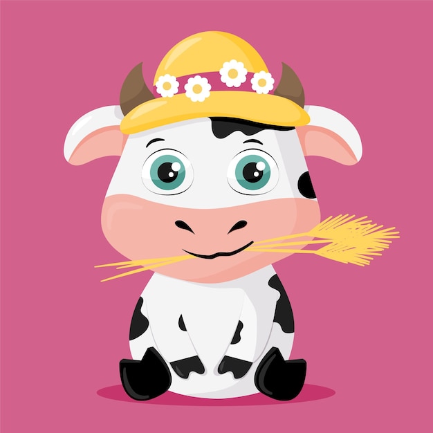 Premium Vector | Cute illustration of a cow with her straw hat ready ...