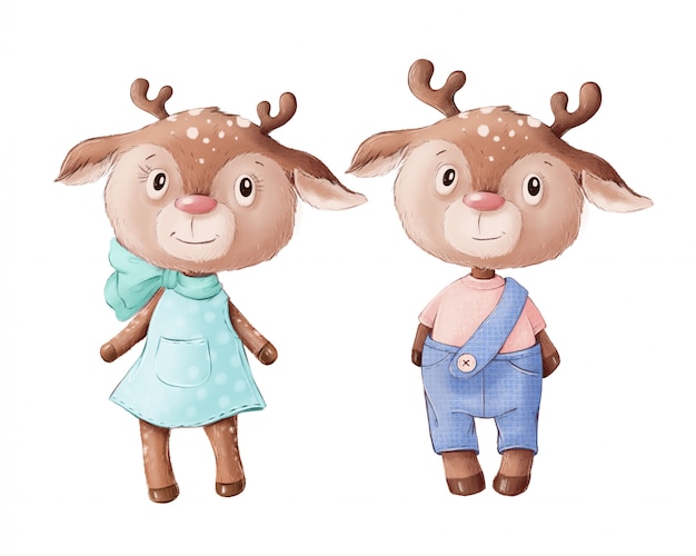 鹿の男の子と女の子のかわいいイラスト プレミアムベクター